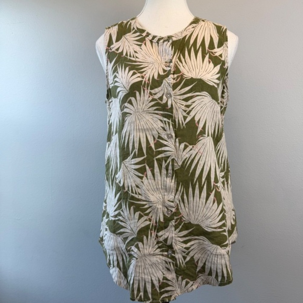Tahari Small 100% Linen Sleeveless‎ Button Up Blouse Tropical Palm Green Resort